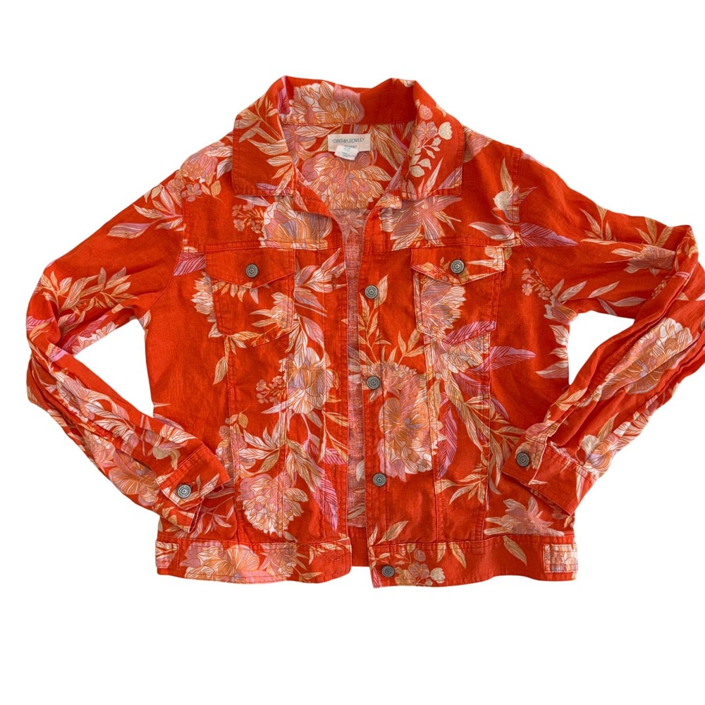 Cynthia Rowley Medium Orange 100% Linen Floral Print Button‎ Down Jacket Fall
